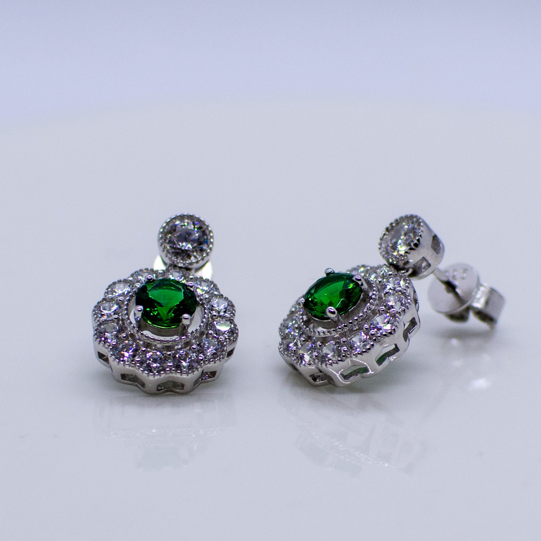 Silver Created Emerald CZ Halo Drop Earrings - John Ross Jewellers