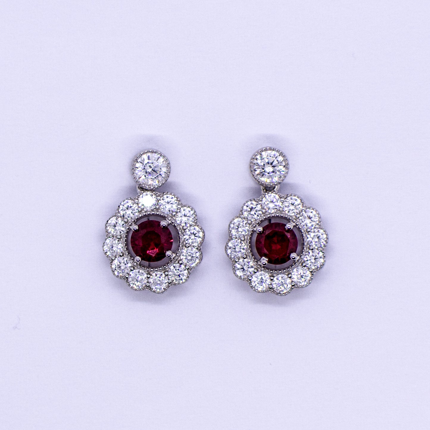 Silver Created Ruby CZ Halo Drop Earrings - John Ross Jewellers