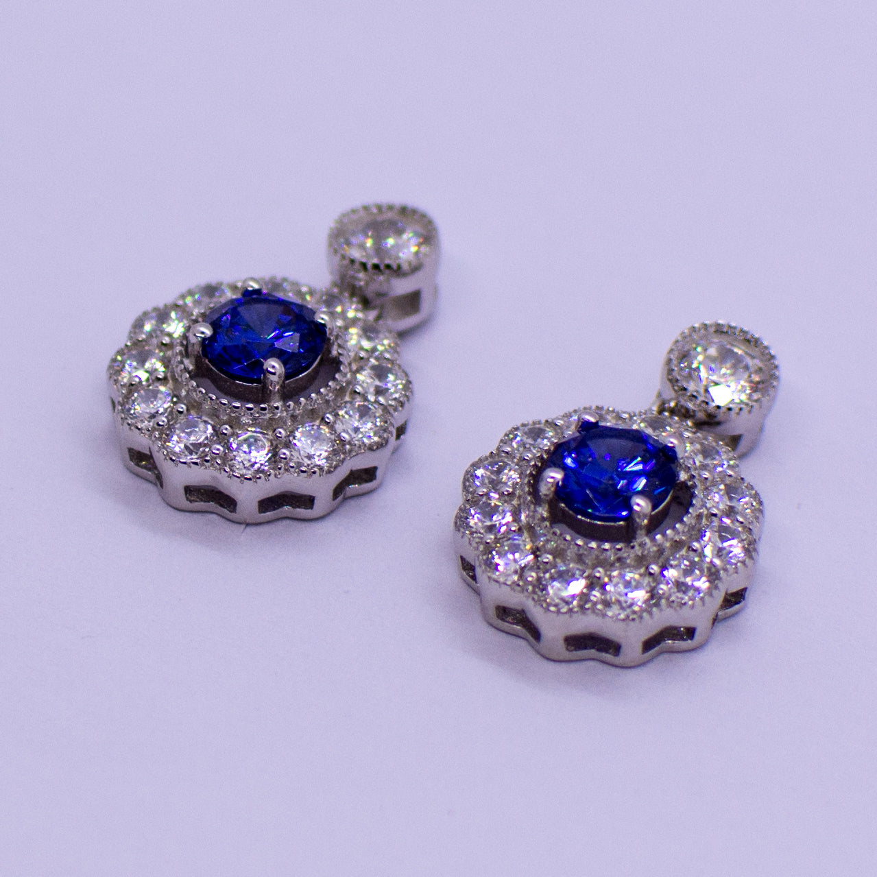 Silver Created Tanzanite CZ Halo Drop Earrings - John Ross Jewellers
