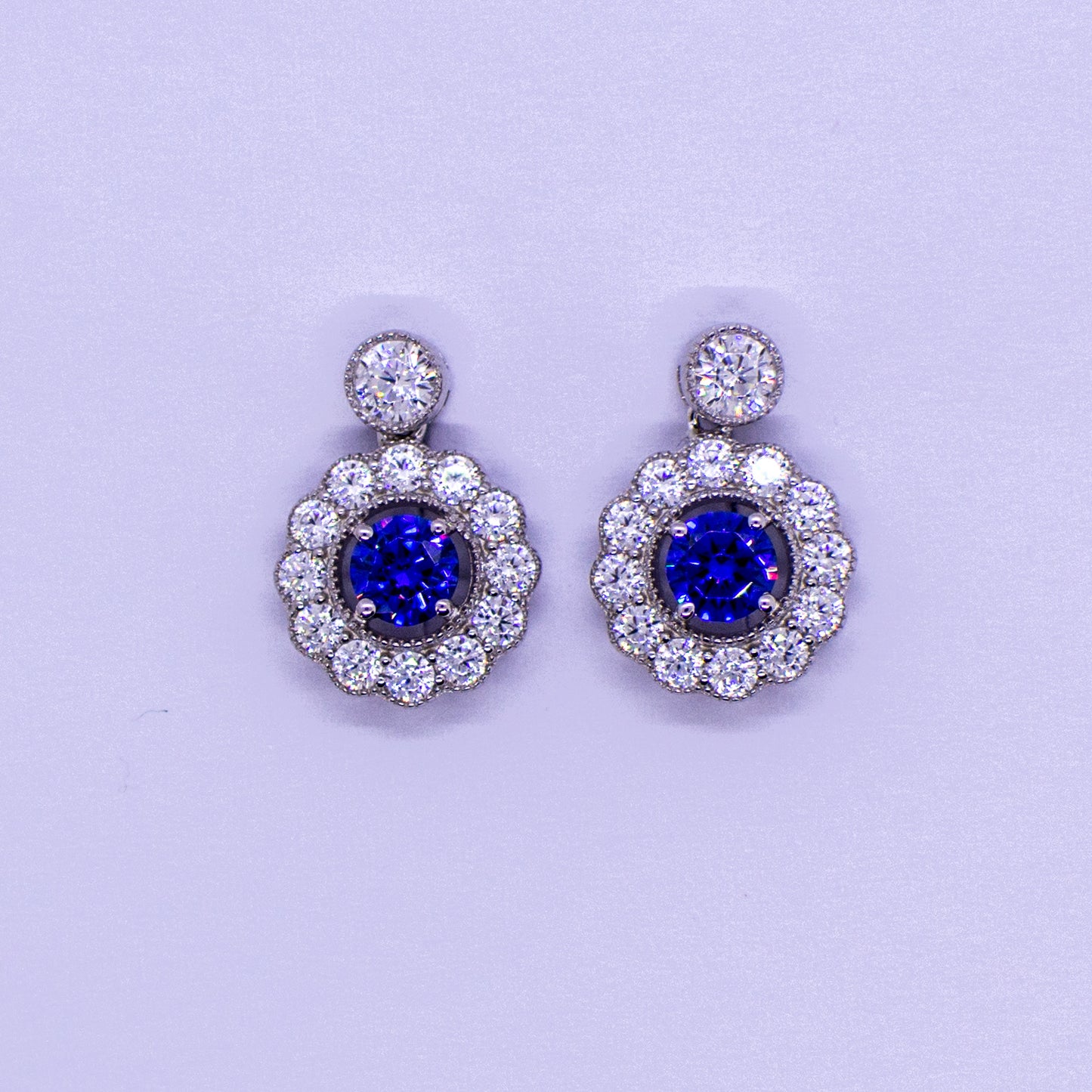 Silver Created Tanzanite CZ Halo Drop Earrings - John Ross Jewellers