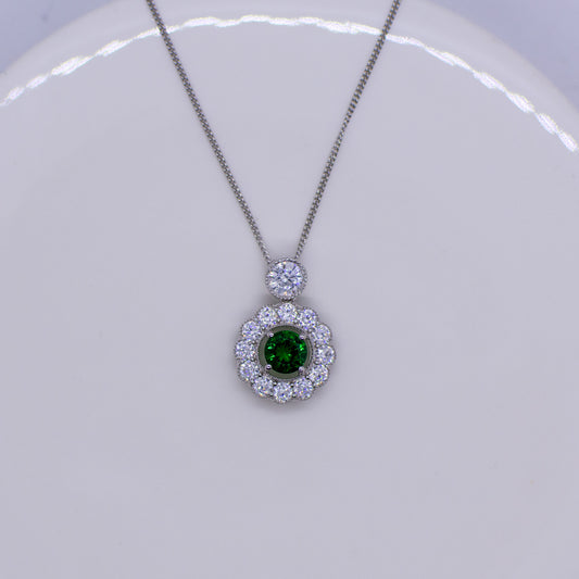 Silver Created Emerald CZ Halo Necklace - John Ross Jewellers
