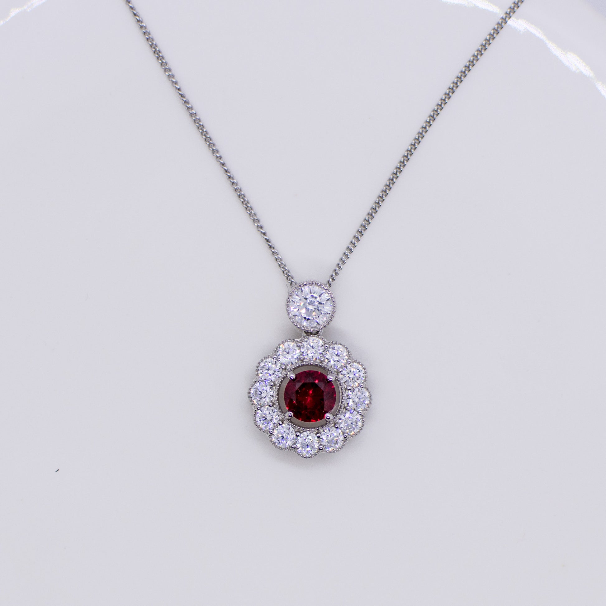 Silver Created Ruby CZ Halo Necklace - John Ross Jewellers