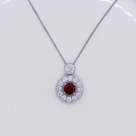 Silver Created Ruby CZ Halo Necklace - John Ross Jewellers