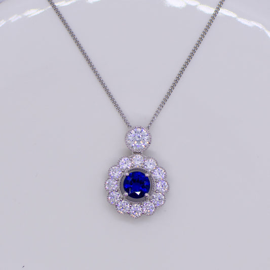 Silver Created Sapphire CZ Halo Necklace - John Ross Jewellers