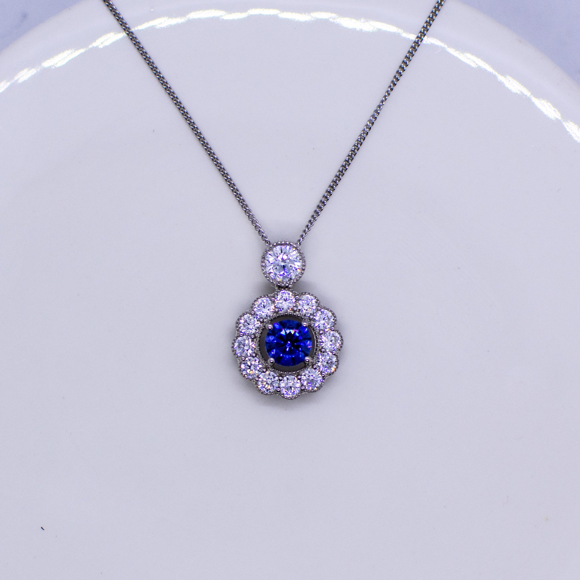 Silver Created Tanzanite CZ Halo Necklace - John Ross Jewellers