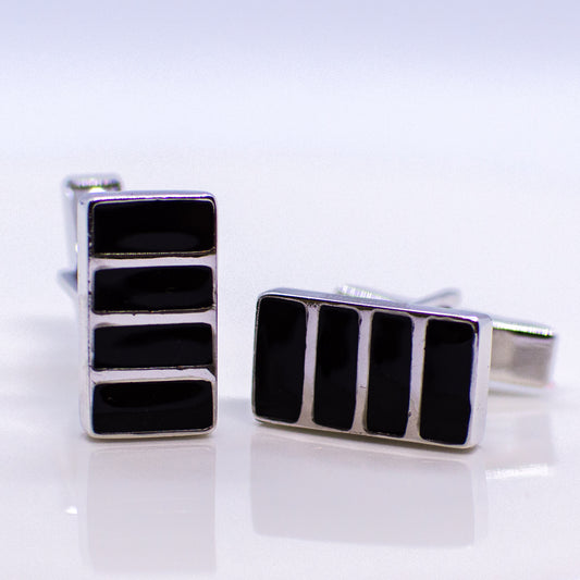 Silver Rectangular Black Detailed Cuff Links - John Ross Jewellers