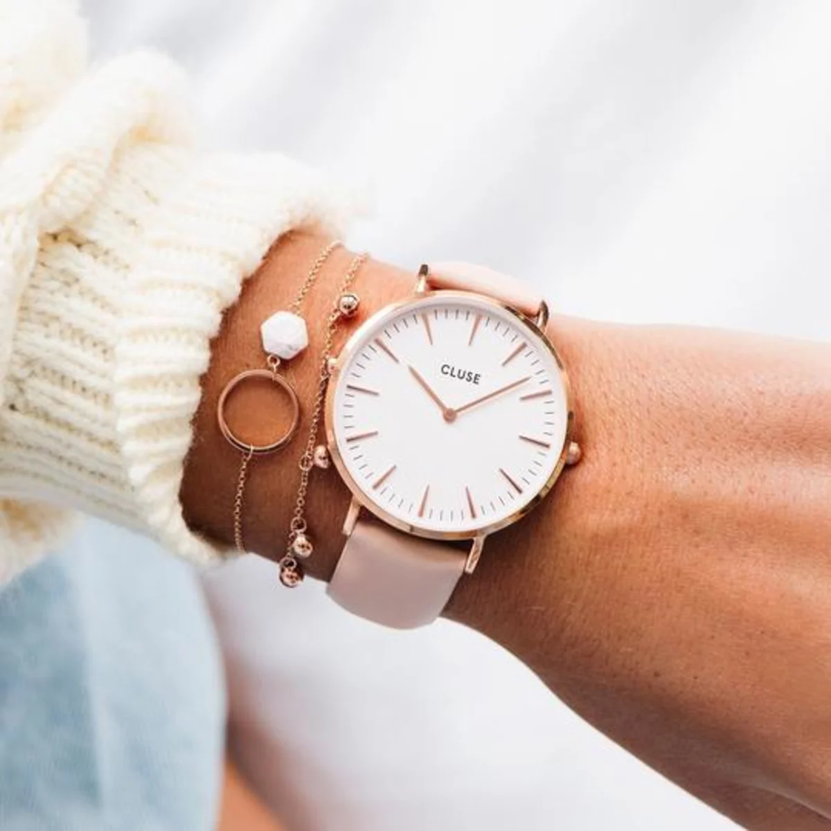 CLUSE Boho Chic Leather Strap Pink Rose Gold