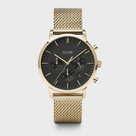 CLUSE Aravis Chrono Mesh Gold Black/Gold - John Ross Jewellers
