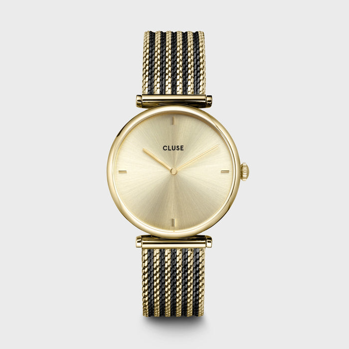 If you are looking for something truly special, good chance you'll find your perfect match in our CLUSE Triomphe collection. This Triomphe watch for women is designed with a polished gold round 33 mm case, gold sunray dial and gold and black mesh 16 mm strap. Whether you’re having lunch with a friend, going to work or having a night out. This Triomphe watch is the perfect finishing touch to your look. This watch is made to last thanks to its stainless steel case and strap.