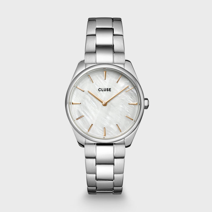 This contemporary charmer is an elegant style companion in daily life and on special occasions. The Féroce Petite is scaled down in size, but not in detail. This Féroce Petite watch for women features a 31.5 mm silver round case, silver stainless steel 3-link strap and white pearl dial with soft rose gold hands. This watch is the perfect finishing touch to all of your looks. You can easily interchange the strap of this Féroce Petite watch with any 16 mm CLUSE watch strap.