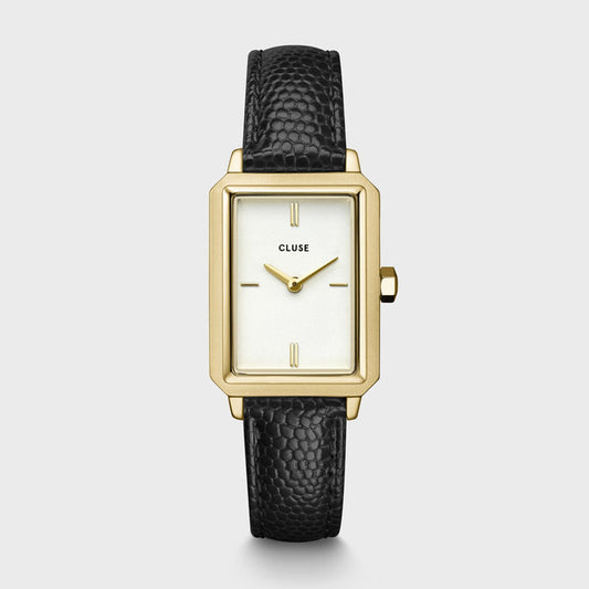 Our bestselling Fluette watch combines elegance with an air of vintage. This Fluette watch for women features a gold 30.6 mm rectangular case, off-white sandblasted dial and black lizard leather 14 mm strap. Thanks to the elegant look of the watch, it’s perfect to wear for every occasion. Whether it’s to work, drinks with your friends, or a night out. We’re sure this watch will be your new favourite accessory. And you can easily adjust the strap by yourself. 