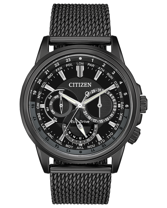Bring sophistication to your day with the CITIZEN Calendrier. This timeless watch features 12/24-hour time, world time in 24 cities and day/date. Men's watch featured with black ion-plated stainless steel case, black ion-plated stainless steel mesh bracelet with black dial. Featuring our Eco-Drive technology – powered by light, any light. Never needs a battery.