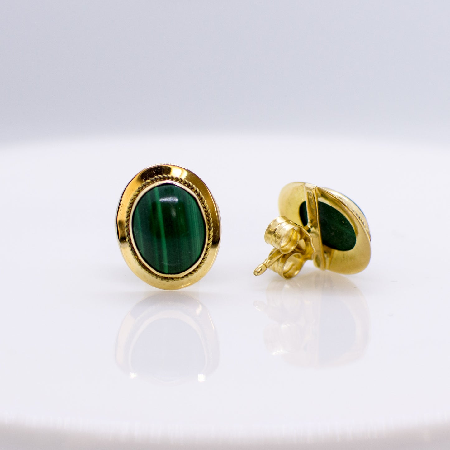18ct Gold Oval Malachite Stud Earrings - John Ross Jewellers