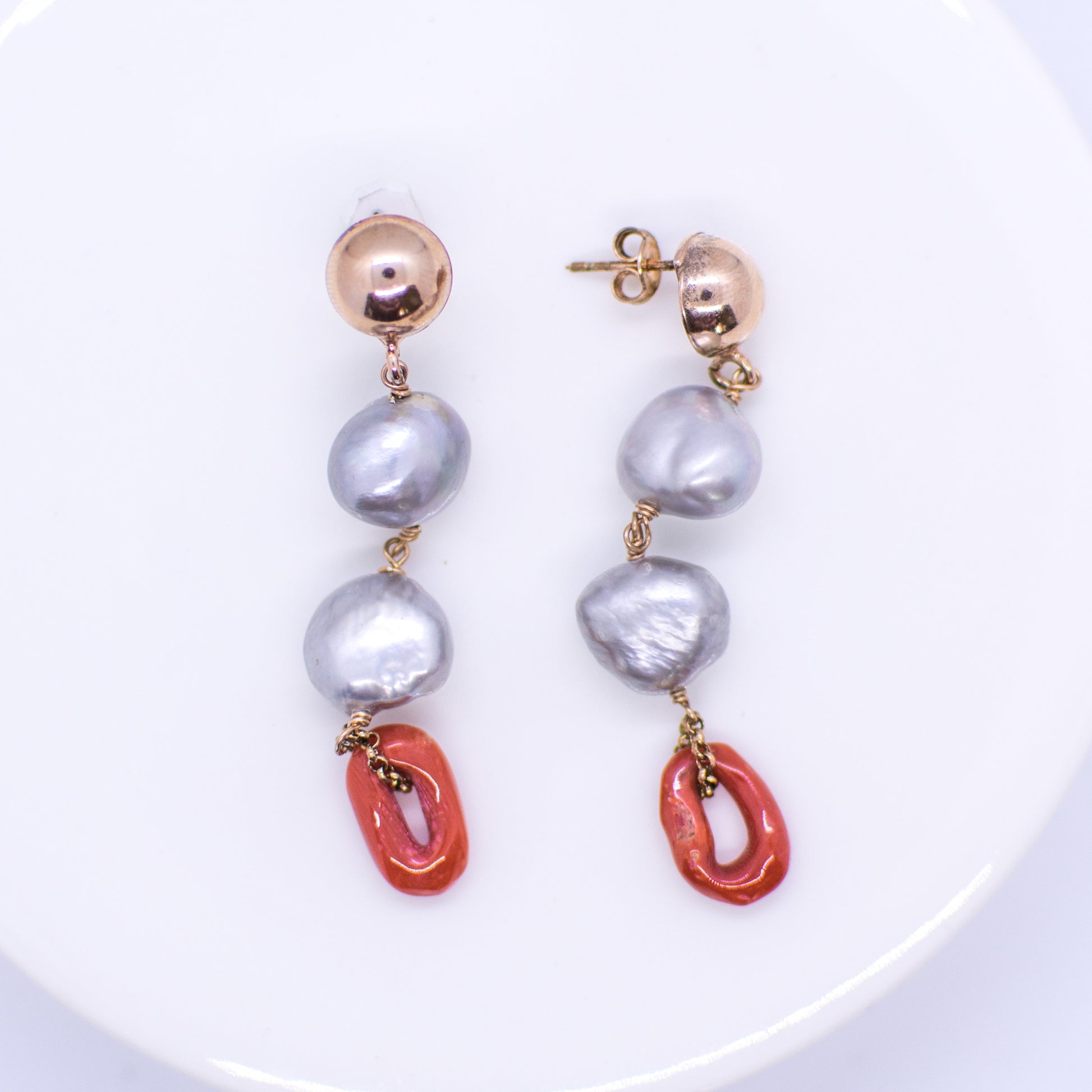 Grey Pearl & Red Coral Drop Earrings - John Ross Jewellers