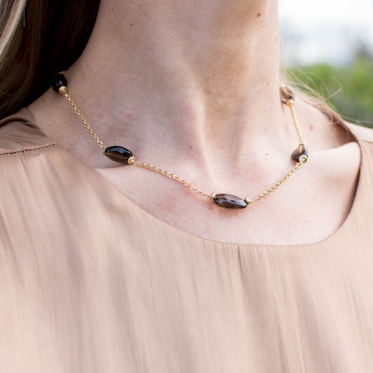 18ct Gold Smoky Quartz and Chain Necklace Smoky Quartz dimensions: 10mm x 12mm approximately Diamond cut 2mm gauge solid trace chain 45cm long 18ct yellow gold This item can be ordered in a variety of lengths.  Please contact us for custom requirements.