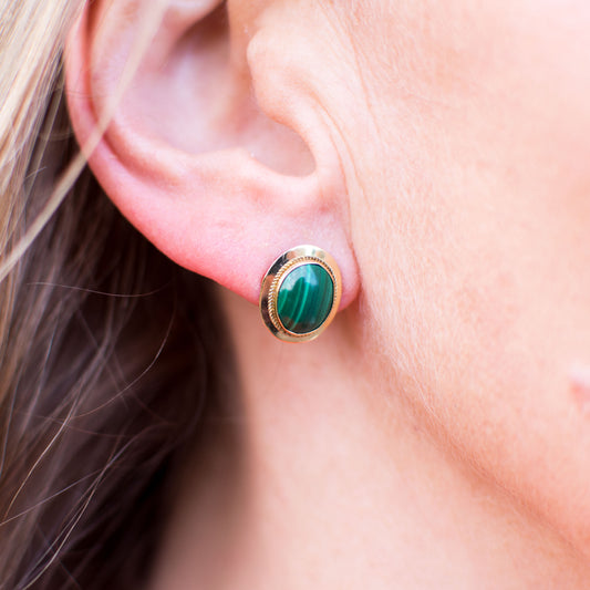 18ct Gold Oval Malachite Stud Earrings - John Ross Jewellers