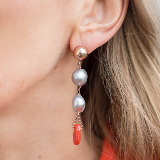 Grey Pearl & Red Coral Drop Earrings - John Ross Jewellers