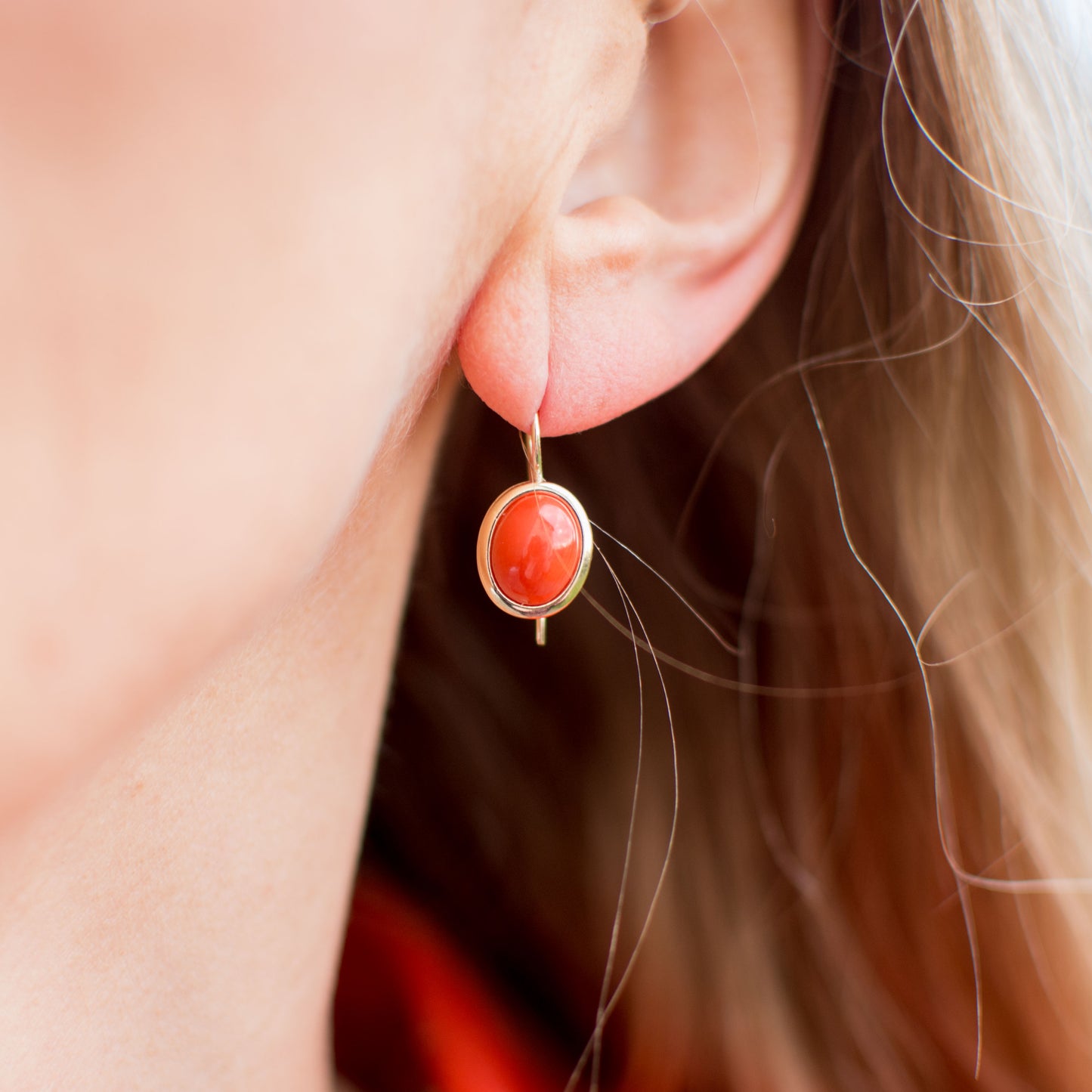 9ct Gold Oval Red Coral Drop Earrings - John Ross Jewellers