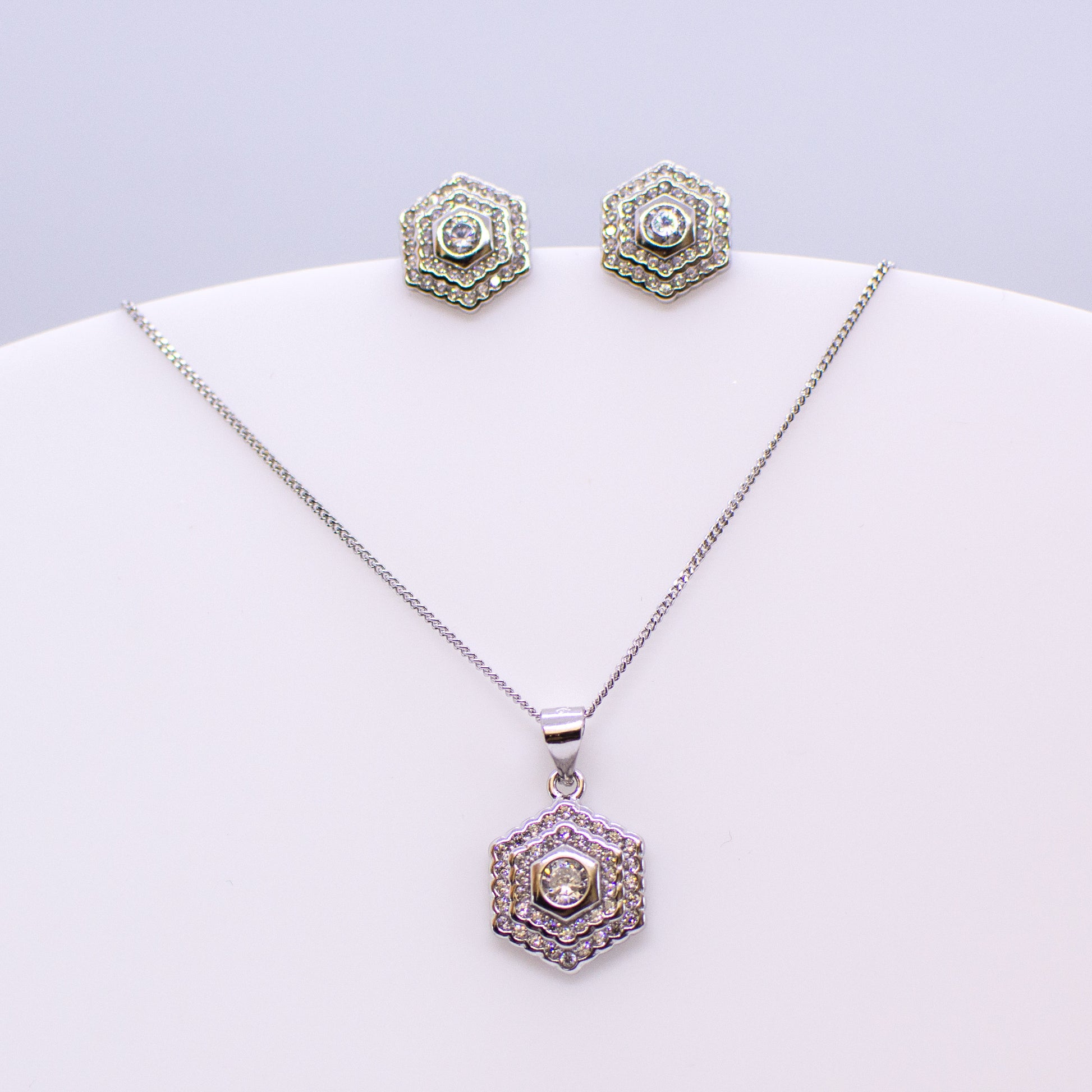 Silver CZ Double Halo Hexagon Earring and Necklace Set - John Ross Jewellers