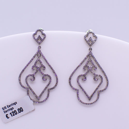 Silver CZ Long Drop Earrings - Modified Heart - John Ross Jewellers