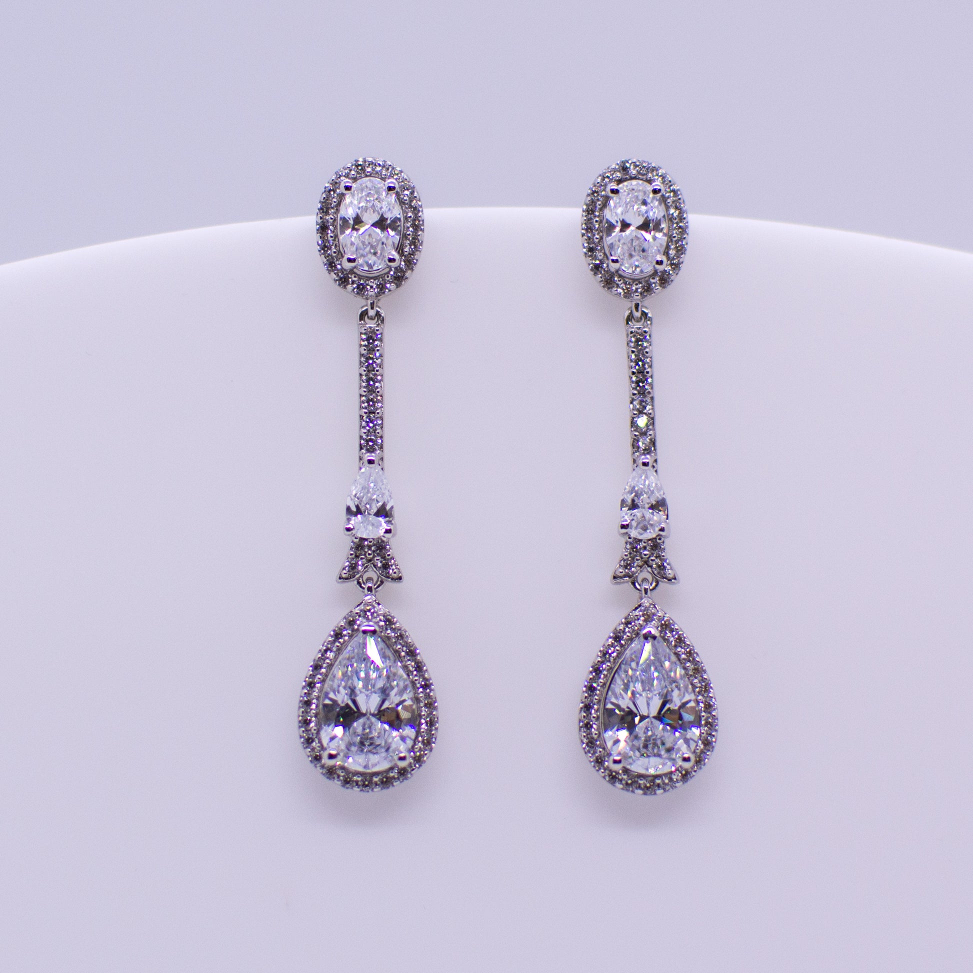 Silver CZ Long Drop Earrings - Oval & Pear Cuts - John Ross Jewellers