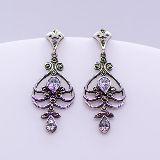 Silver CZ & Marcasite Long Drop Earrings - John Ross Jewellers