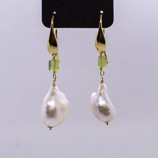 18ct Gold Baroque Pearl Drop Earrings with Peridot - John Ross Jewellers