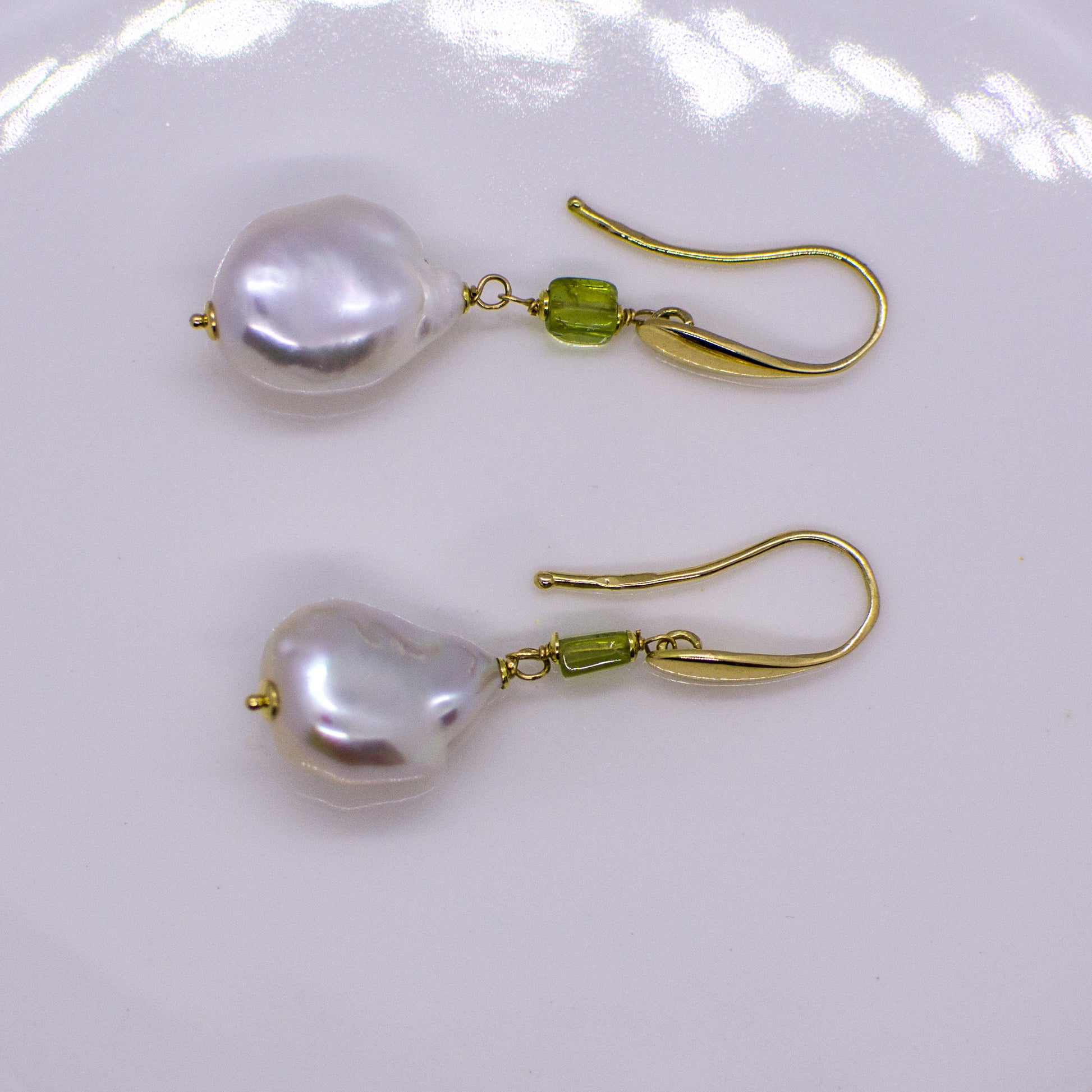 18ct Gold Baroque Pearl Drop Earrings with Peridot - John Ross Jewellers