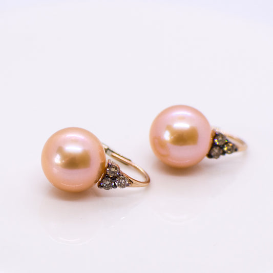 18ct Rose Gold Peach Edison Pearl & Cinnamon Diamond Earrings 0.36ct - John Ross Jewellers