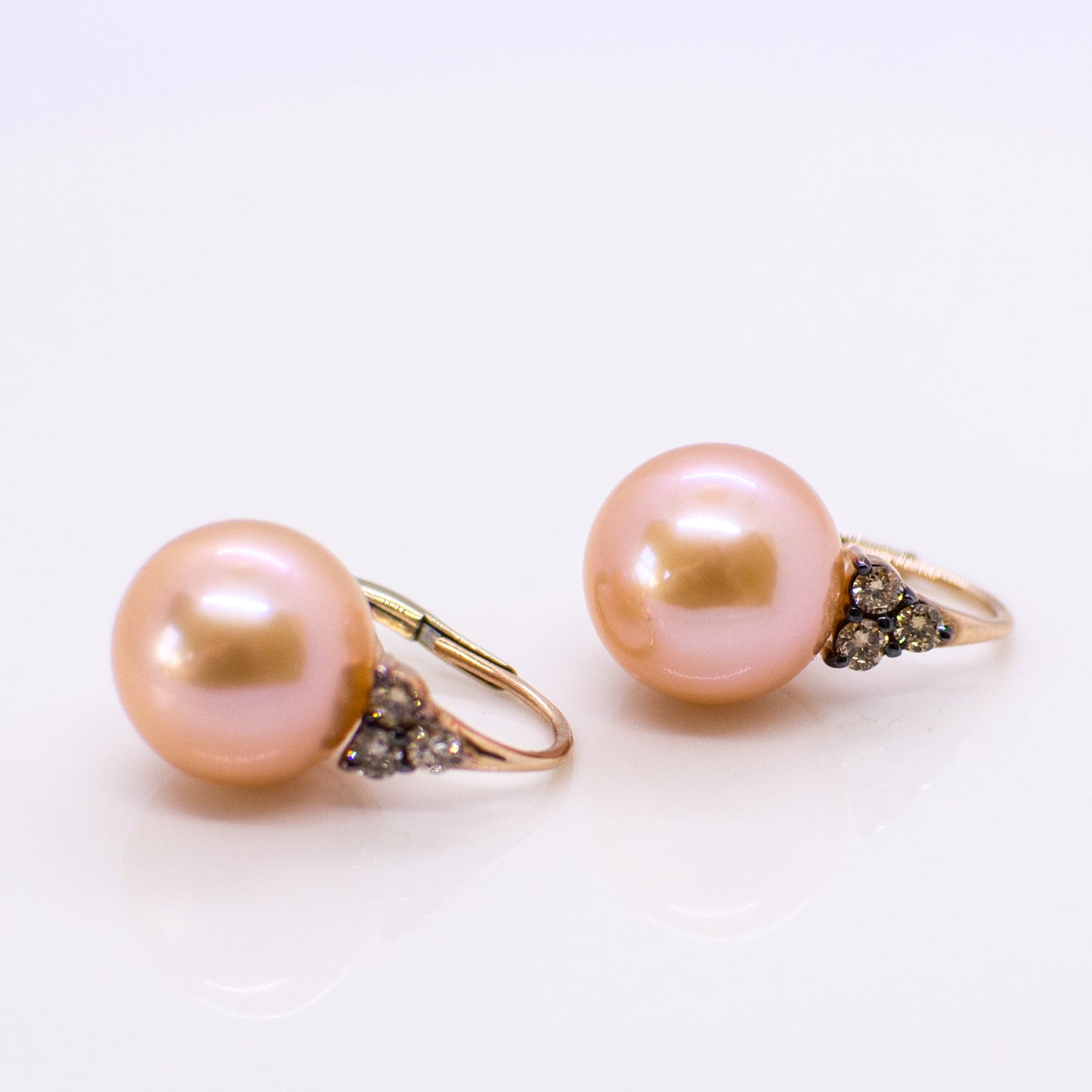 18ct Rose Gold Peach Edison Pearl & Cinnamon Diamond Earrings 0.36ct - John Ross Jewellers