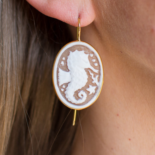 Seahorse Cameo Oval Drop Earrings - Medium - John Ross Jewellers