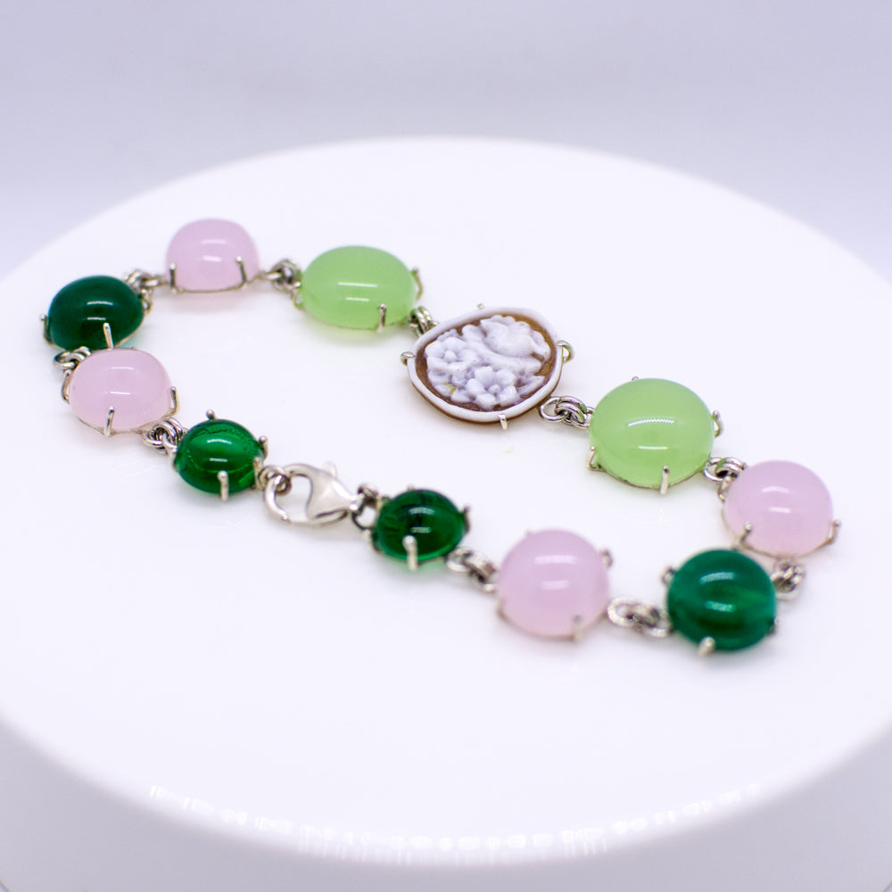 Silver Cameo & Quartz Bracelet - Pink & Green - John Ross Jewellers