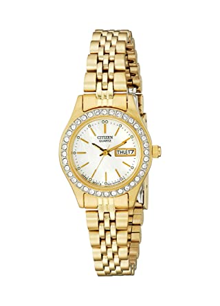 The Citizen Ladies’ Silhouette Crystal offers a timeless look that will never go out of style. With a gold-tone case and bracelet, mother-of-pearl dial and bezel adorned with crystals. The watch features a three-hand dial and keeps track of the current date. It includes water resistance up to 30 metres and a 26mm case. 