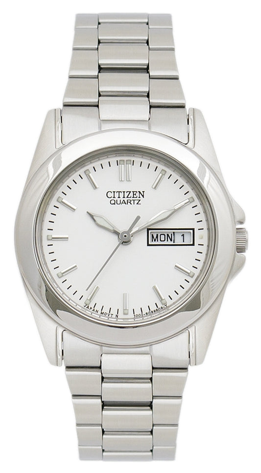 Ladies Citizen model in high-shine stainless steel, set around a white dial with day and date functions, with a quartz movement. The watch fastens with a slender bracelet. It includes water resistance up to 30 metres and a 29mm case. 