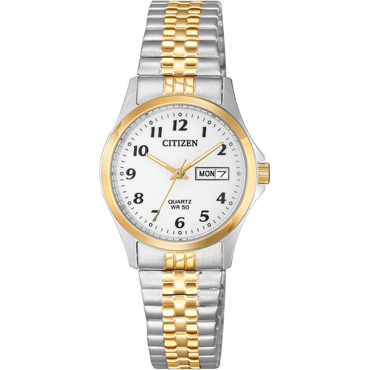 Design and comfort unite in the Citizen Expansion collection, offering timepieces with universal appeal. Key features of this 3-hand analog watch in stainless steel with gold tone include day-date indicator, white dial, 28mm case and 50 metre water resistance.