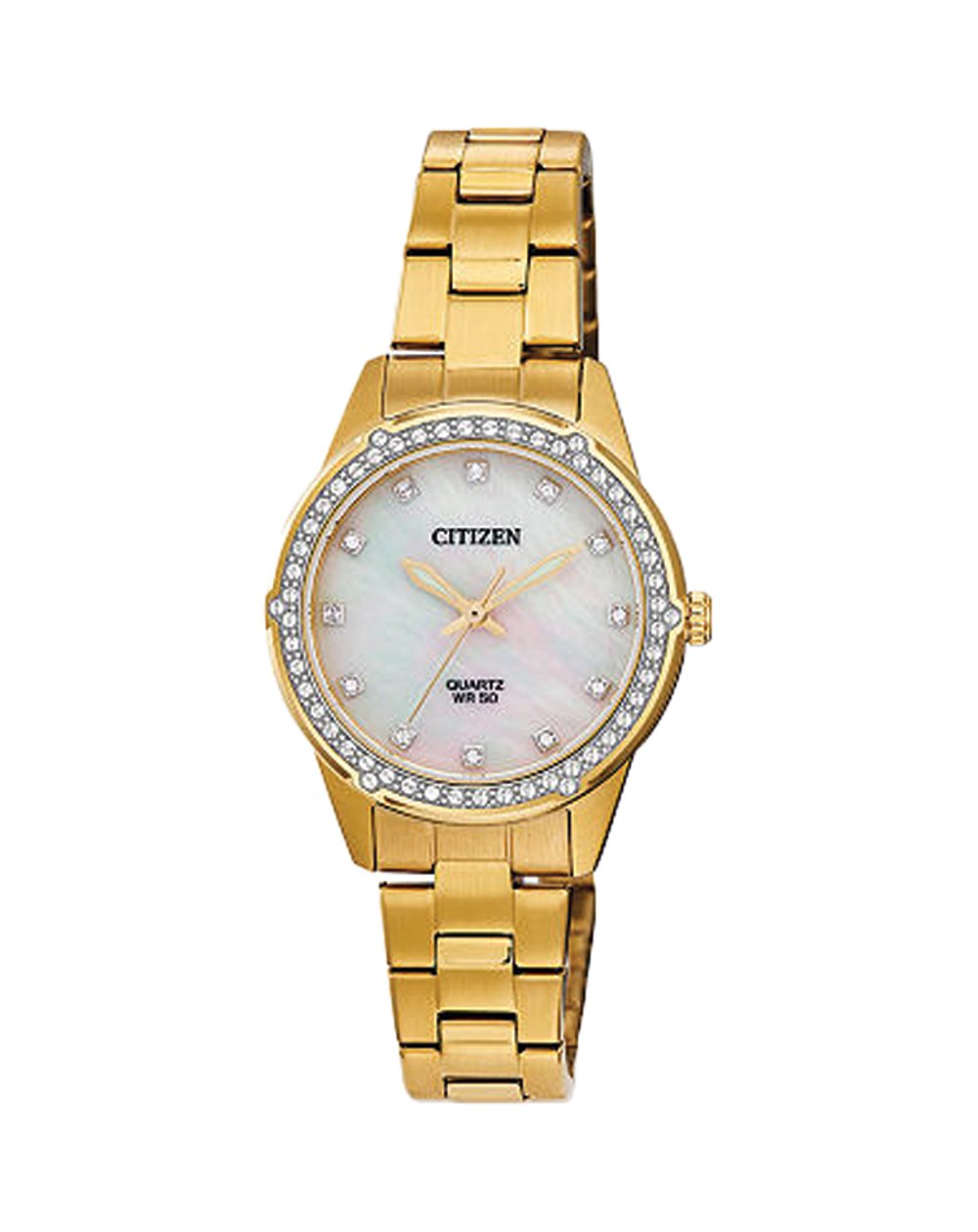 Spectacular in appearance and masterfully crafted, this watch is the embodiment of style. Punctuated by a gold tone case with elegant mother of pearl dial, the bezel is resplendent with sparkling crystal elements. Offering sophisticated beauty for women looking for something special and versatile enough to be worn daily. With quartz reliability, style and beauty have never been so accessible.