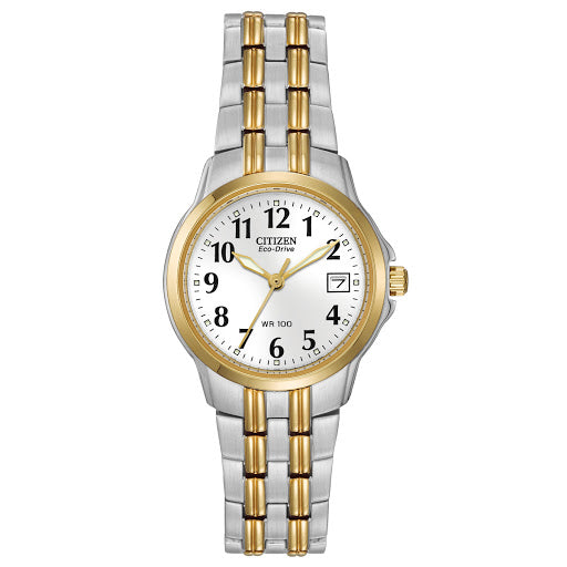 Design and comfort unite in the Citizen Eco-Drive collection, offering timepieces with universal appeal. Key features of this 3-hand analog watch in stainless steel with gold tone include day-date indicator, white dial, 26mm case and 100 metre water resistance.