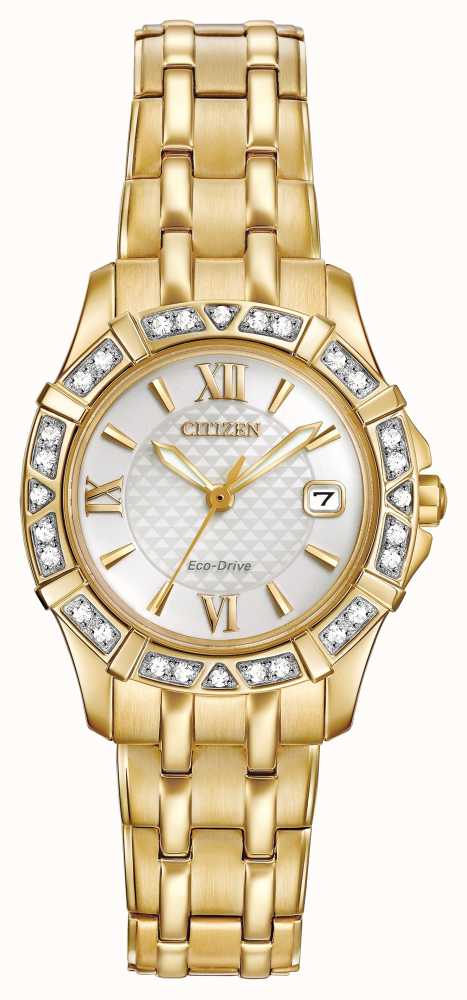 The Citizen Ladies’ Silhouette Diamond offers a timeless look that will never go out of style. With a gold-tone case and bracelet, white dial and bezel adorned with diamonds. The watch features a three-hand dial and keeps track of the current date. It includes water resistance up to 100 metres and a 26mm case. 