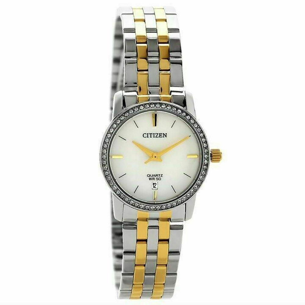 This elegant Citizen watch for ladies features a luxurious two-tone stainless steel bracelet strap, a white dial with a date display, and a sparkling crystal encrusted bezel. This glamorous piece is perfect to bring you from day to night. The ideal gift for yourself or for the woman in your life.