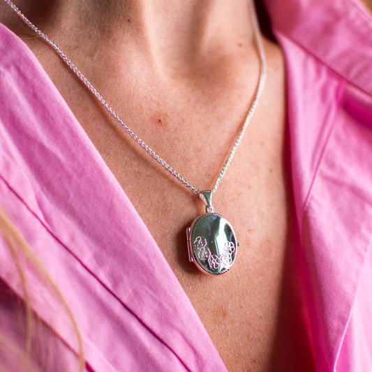 Silver Classic Floral Oval Locket and Chain - John Ross Jewellers