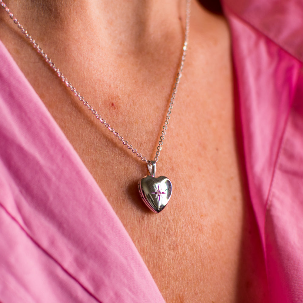 Silver Tiny Diamond Set Heart Locket and Chain - John Ross Jewellers