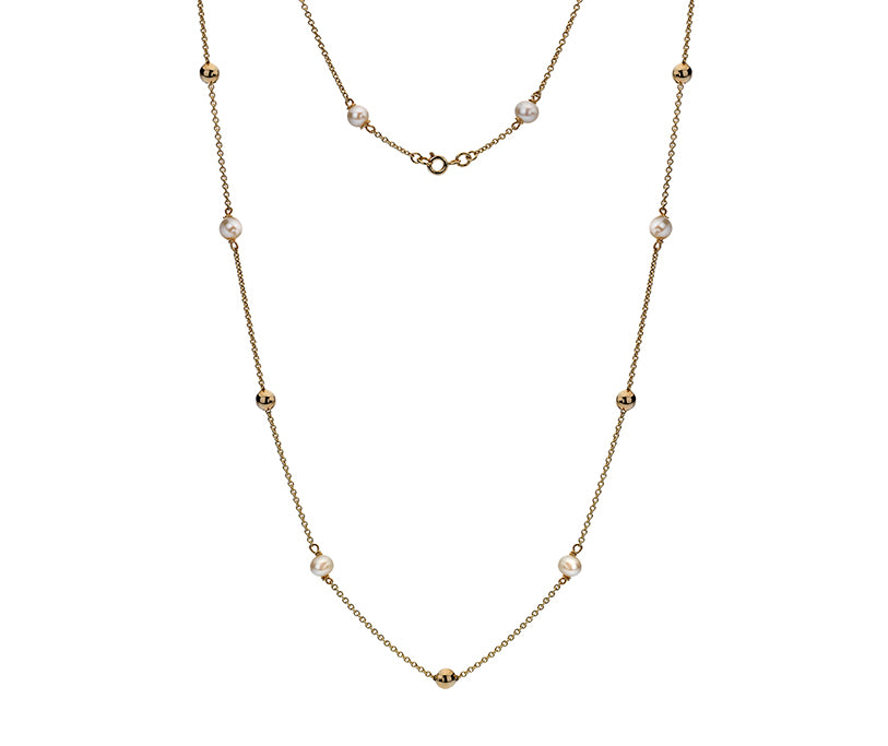 9ct Gold Freshwater Pearl & Bead Station Necklace | 18" - John Ross Jewellers