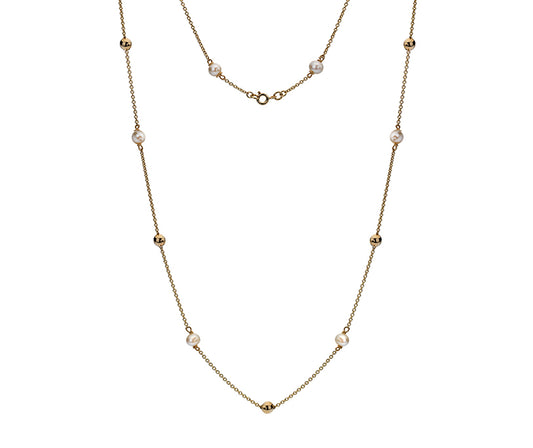 9ct Gold Freshwater Pearl & Bead Station Necklace | 18" - John Ross Jewellers