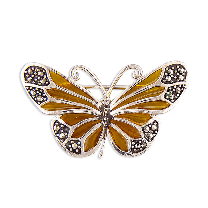 Silver Yellow Resin & Marcasite Butterfly Brooch - John Ross Jewellers