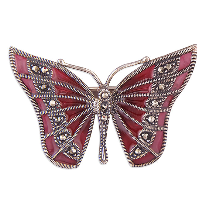 Silver Pink Resin & Marcasite Butterfly Brooch - John Ross Jewellers