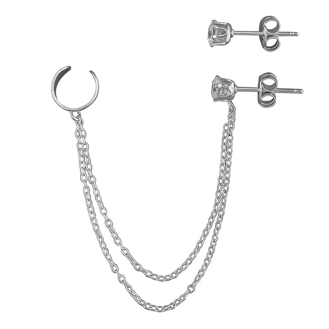 Silver CZ Stud Earrings with Double Chained Cuff - John Ross Jewellers