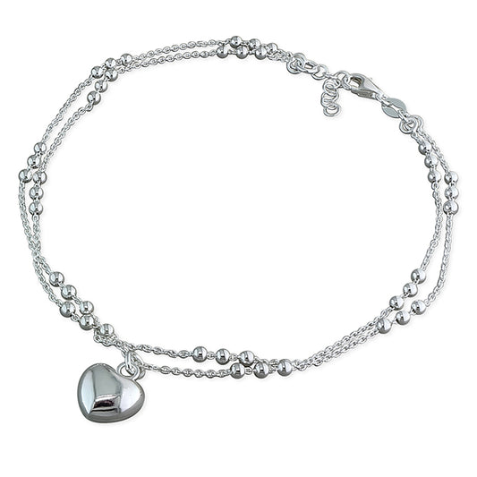 Silver Anklet - Double Beaded & Heart | 25cm - John Ross Jewellers