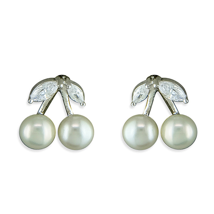 Silver Pretty CZ & Pearl Cherry Stud Earrings - John Ross Jewellers