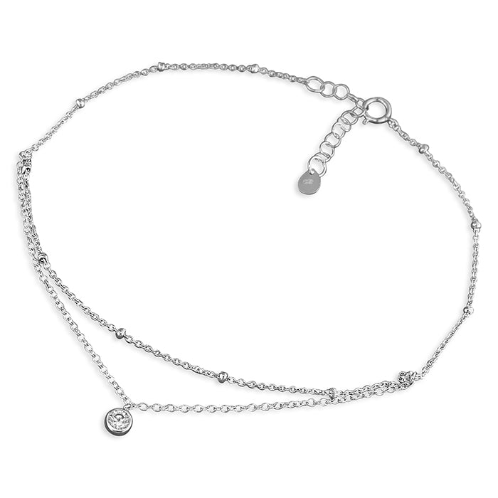 Silver Anklet - Double Chain with CZ | 23-26cm - John Ross Jewellers