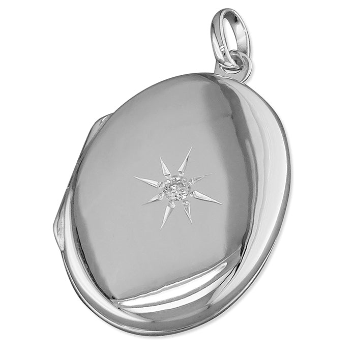 Silver CZ Oval Locket and Chain - Large - John Ross Jewellers